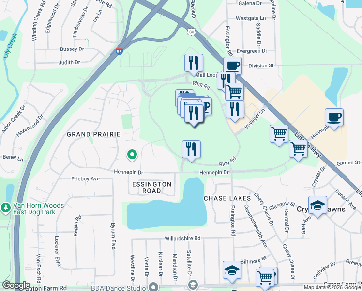 map of restaurants, bars, coffee shops, grocery stores, and more near 3340 Mall Loop Drive in Joliet