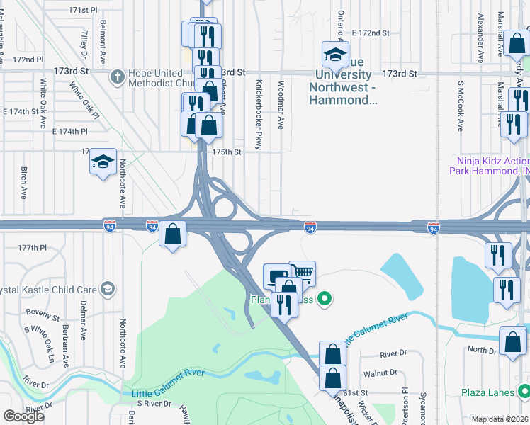 map of restaurants, bars, coffee shops, grocery stores, and more near 7607 Knickerbocker Parkway in Hammond