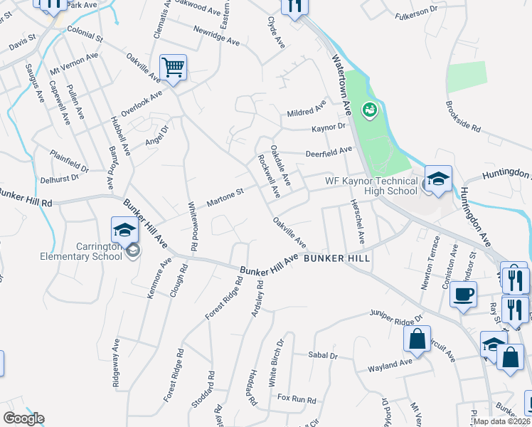 map of restaurants, bars, coffee shops, grocery stores, and more near 99 Oakville Avenue in Waterbury