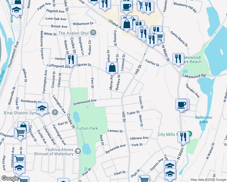 map of restaurants, bars, coffee shops, grocery stores, and more near Charlotte Street in Waterbury