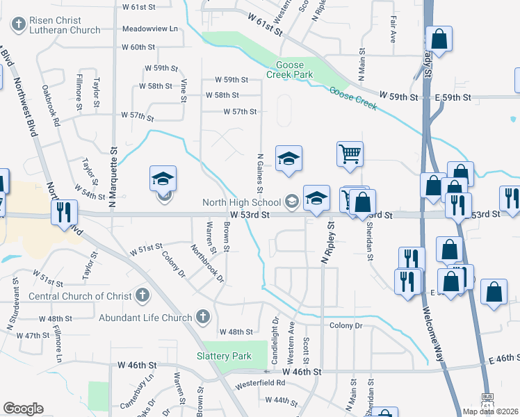 map of restaurants, bars, coffee shops, grocery stores, and more near 5317 North Gaines Street in Davenport