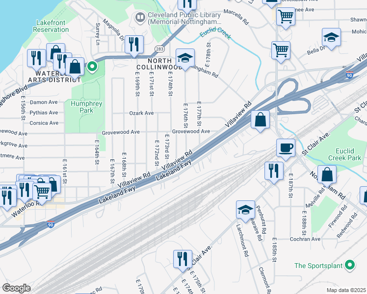 map of restaurants, bars, coffee shops, grocery stores, and more near 1184 East 176th Street in Cleveland