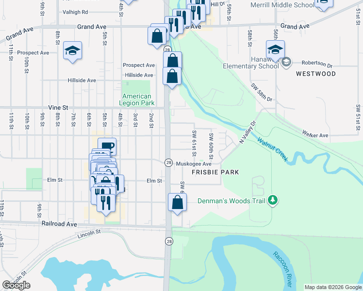 map of restaurants, bars, coffee shops, grocery stores, and more near 6201 Welker Avenue in Des Moines