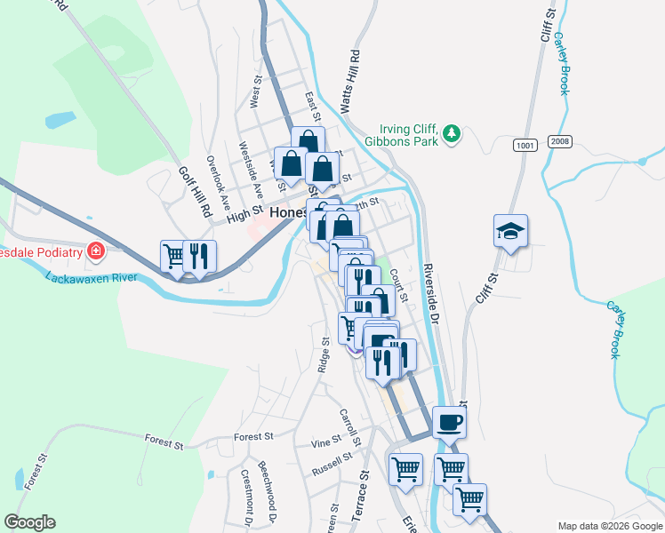 map of restaurants, bars, coffee shops, grocery stores, and more near 110 W 11th St in Honesdale