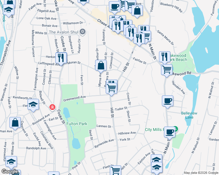 map of restaurants, bars, coffee shops, grocery stores, and more near 217 Charlotte Street in Waterbury