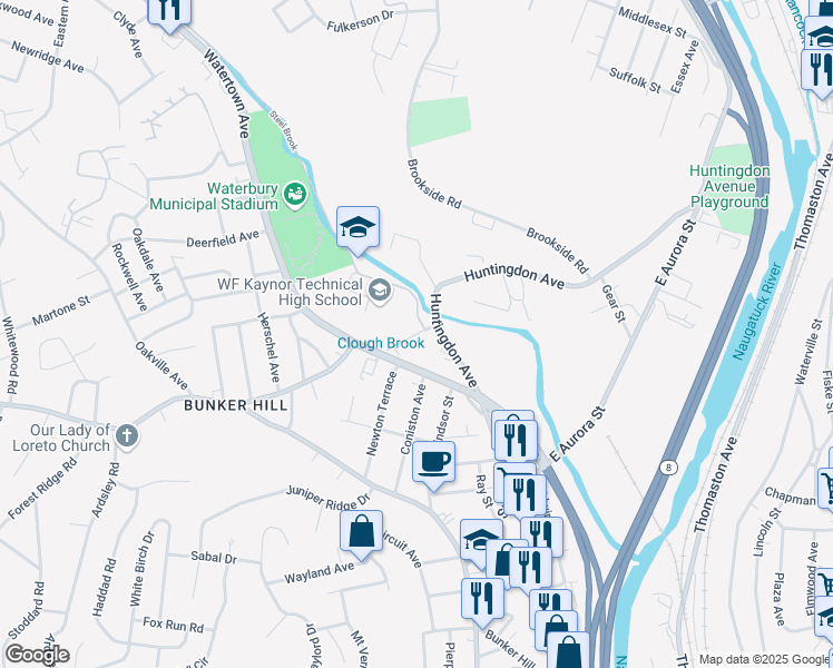 map of restaurants, bars, coffee shops, grocery stores, and more near 43 Tompkins Street in Waterbury