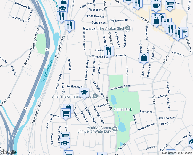 map of restaurants, bars, coffee shops, grocery stores, and more near 53 Clinton Street in Waterbury