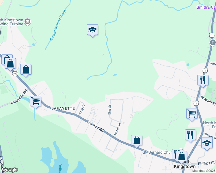 map of restaurants, bars, coffee shops, grocery stores, and more near 2 Stone Gate Drive in North Kingstown