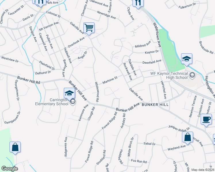 map of restaurants, bars, coffee shops, grocery stores, and more near 47 Martone Street in Waterbury