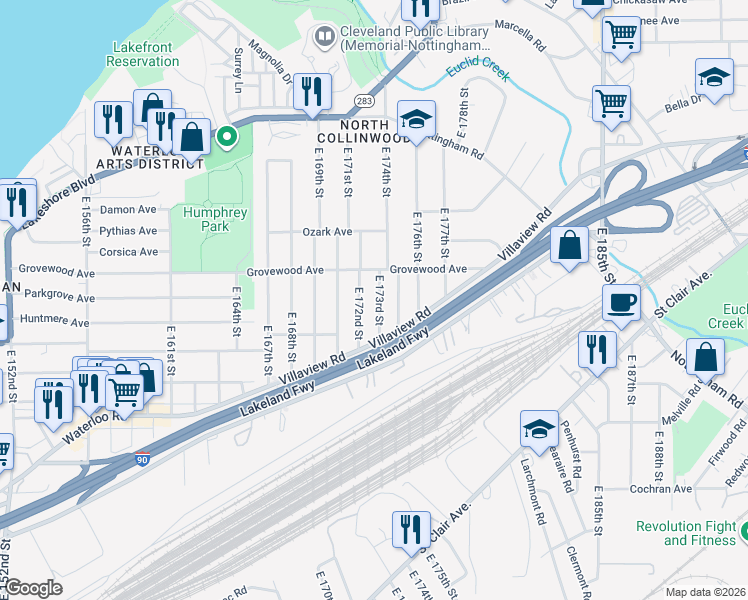 map of restaurants, bars, coffee shops, grocery stores, and more near 17216 Grovewood Avenue in Cleveland