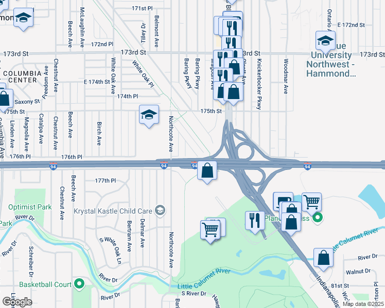 map of restaurants, bars, coffee shops, grocery stores, and more near 7620 Golfway Court in Hammond