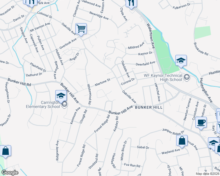 map of restaurants, bars, coffee shops, grocery stores, and more near 47 Martone Street in Waterbury