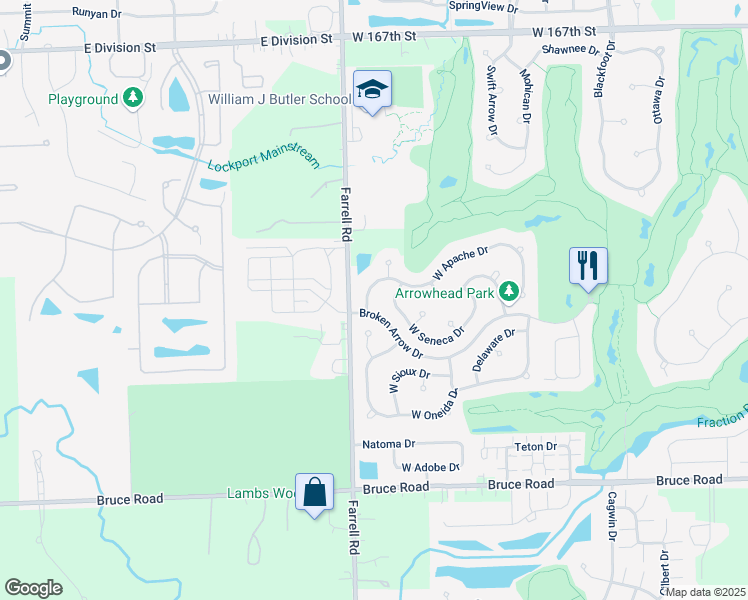 map of restaurants, bars, coffee shops, grocery stores, and more near 16744 West Apache Drive in Lockport
