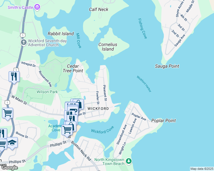 map of restaurants, bars, coffee shops, grocery stores, and more near 101 Pleasant Street in North Kingstown