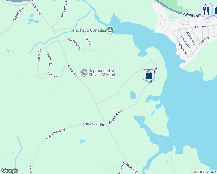 map of restaurants, bars, coffee shops, grocery stores, and more near 174 Bethel Road in Griswold