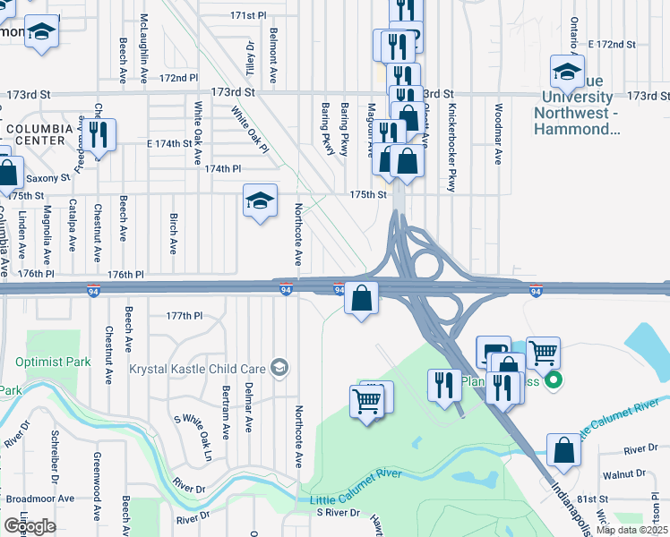 map of restaurants, bars, coffee shops, grocery stores, and more near 7620 Golfway Court in Hammond