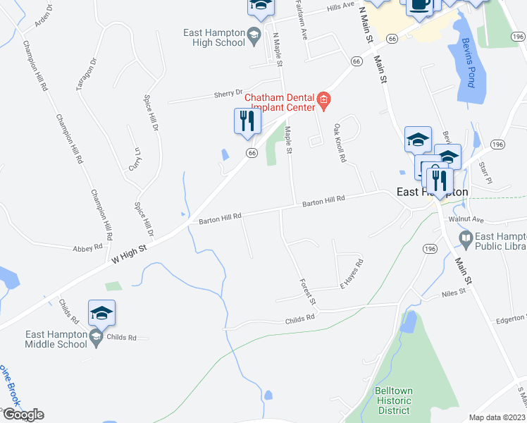 map of restaurants, bars, coffee shops, grocery stores, and more near 62 Barton Hill Road in East Hampton