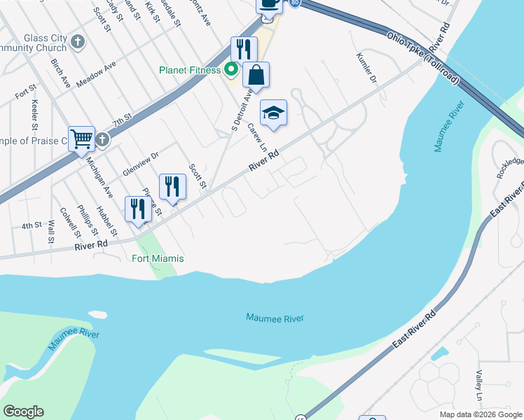 map of restaurants, bars, coffee shops, grocery stores, and more near 125 Riverside Drive in Maumee