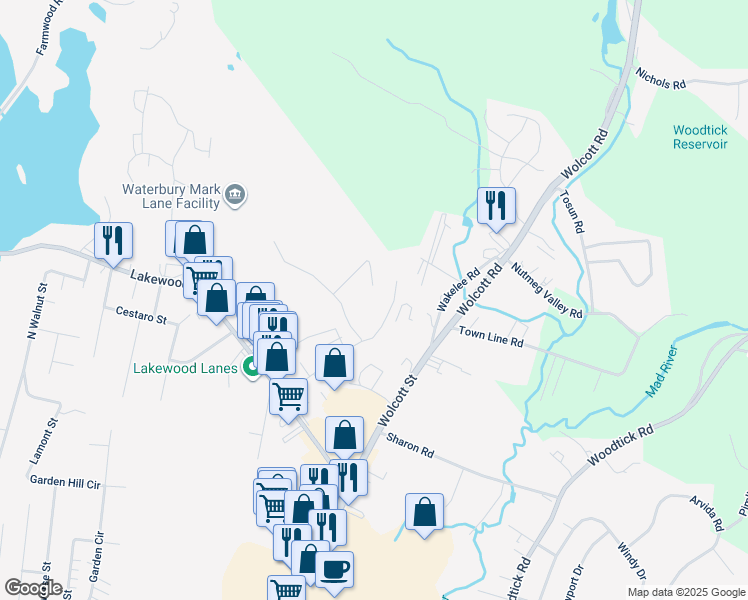 map of restaurants, bars, coffee shops, grocery stores, and more near 100 Mark Lane in Waterbury