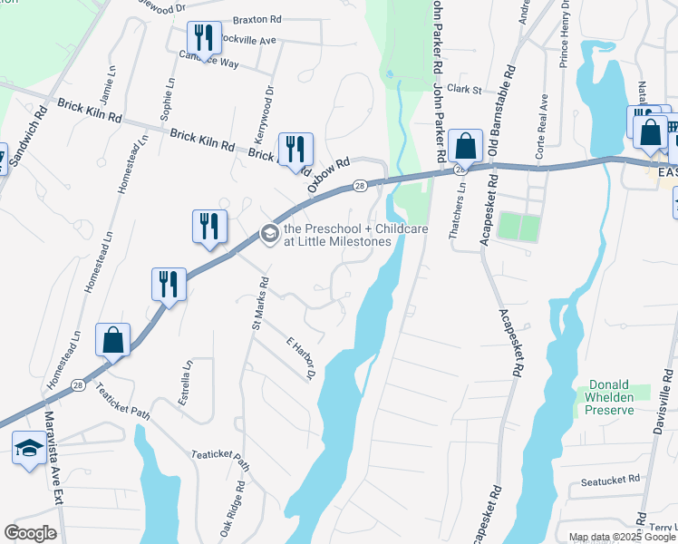 map of restaurants, bars, coffee shops, grocery stores, and more near 99 Falmouthport Drive in Falmouth