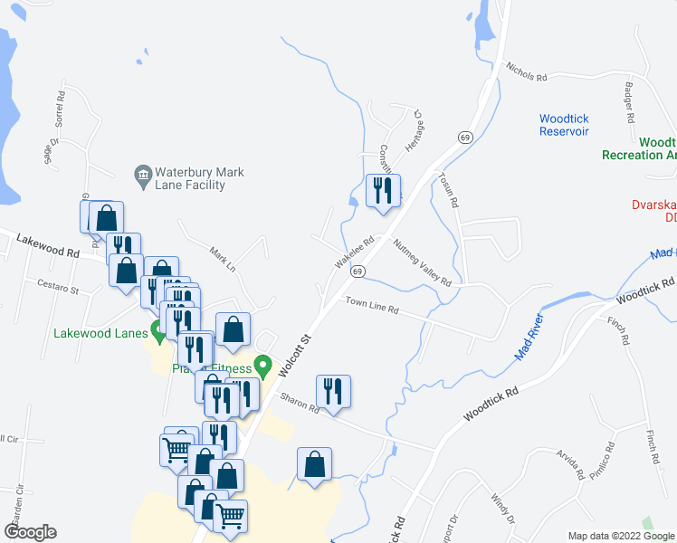 map of restaurants, bars, coffee shops, grocery stores, and more near 15 Venus Road in Wolcott