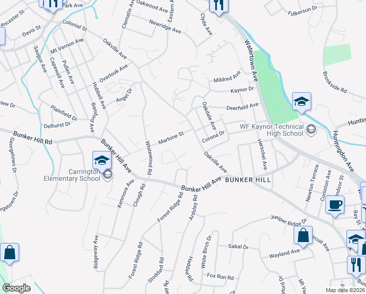 map of restaurants, bars, coffee shops, grocery stores, and more near 47 Martone Street in Waterbury