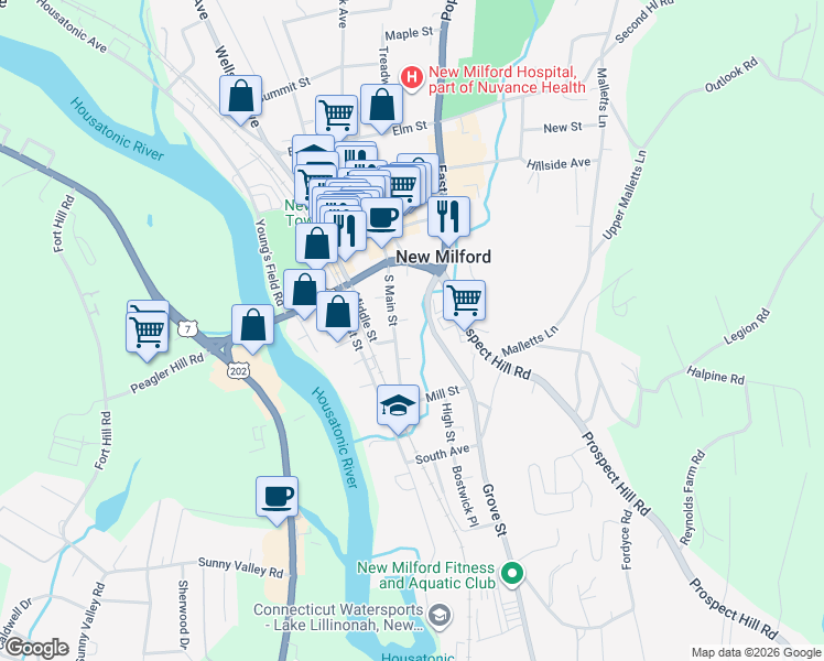 map of restaurants, bars, coffee shops, grocery stores, and more near 13 South Main Street in New Milford