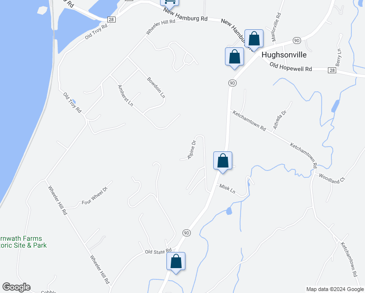 map of restaurants, bars, coffee shops, grocery stores, and more near 16 Alpine Drive in Wappingers Falls