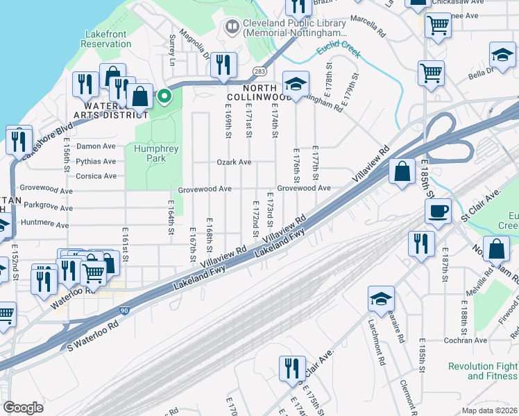 map of restaurants, bars, coffee shops, grocery stores, and more near 17216 Grovewood Avenue in Cleveland