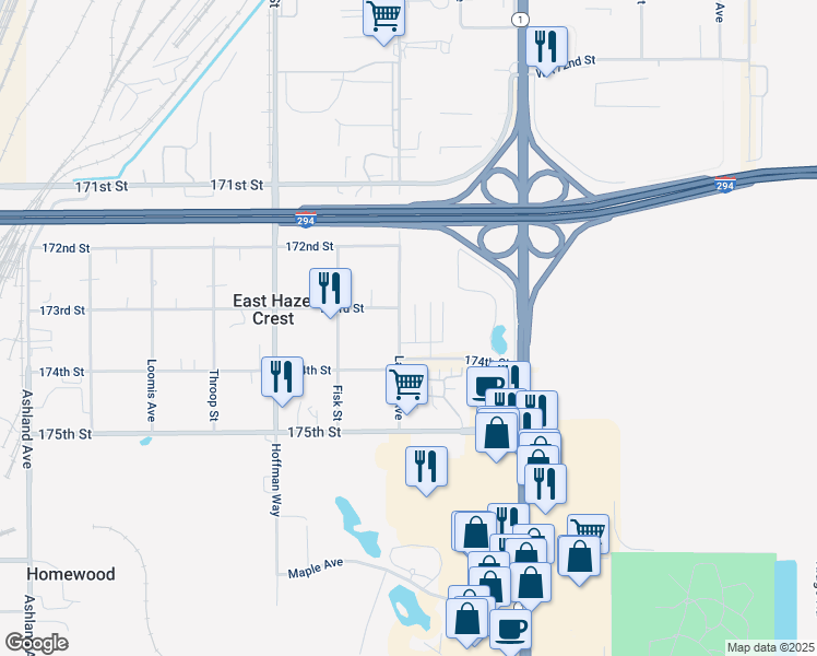 map of restaurants, bars, coffee shops, grocery stores, and more near 1107 174th Street in Hazel Crest