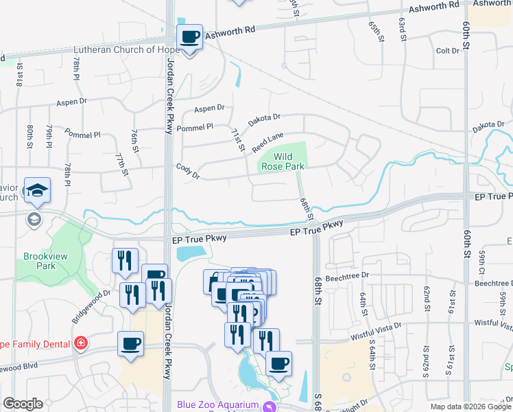 map of restaurants, bars, coffee shops, grocery stores, and more near 7060 Cody Drive in West Des Moines