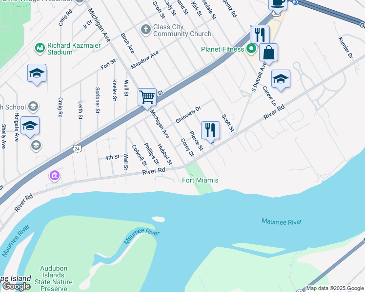 map of restaurants, bars, coffee shops, grocery stores, and more near 741 Corey Street in Maumee