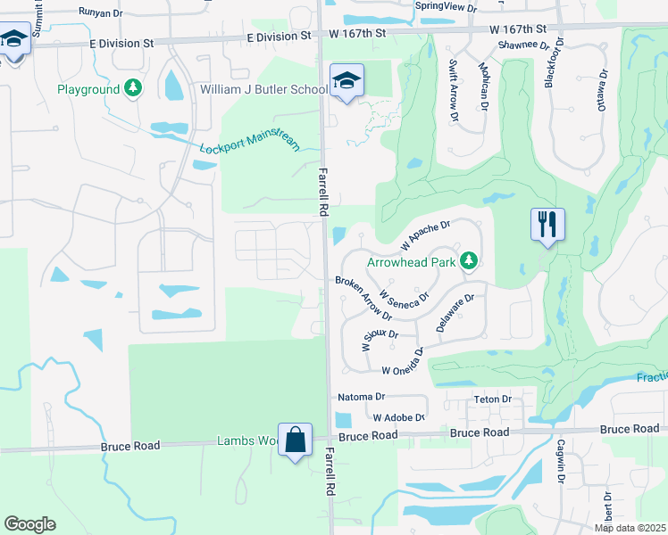 map of restaurants, bars, coffee shops, grocery stores, and more near 16744 West Apache Drive in Lockport