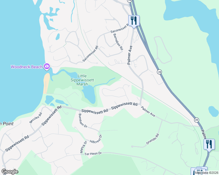 map of restaurants, bars, coffee shops, grocery stores, and more near 64 Loop Road in Falmouth