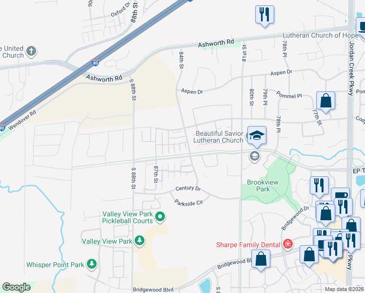 map of restaurants, bars, coffee shops, grocery stores, and more near 8420 Rock Drive in West Des Moines