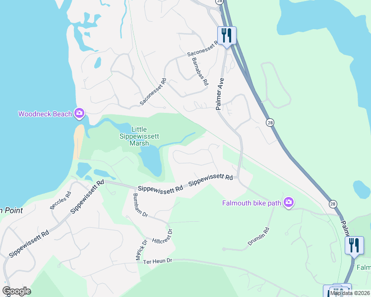 map of restaurants, bars, coffee shops, grocery stores, and more near 64 Loop Road in Falmouth