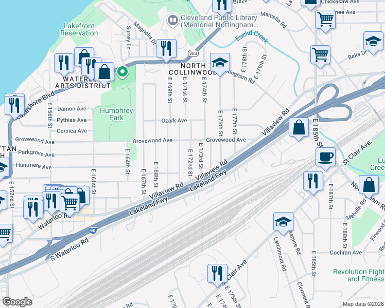 map of restaurants, bars, coffee shops, grocery stores, and more near 17216 Grovewood Avenue in Cleveland