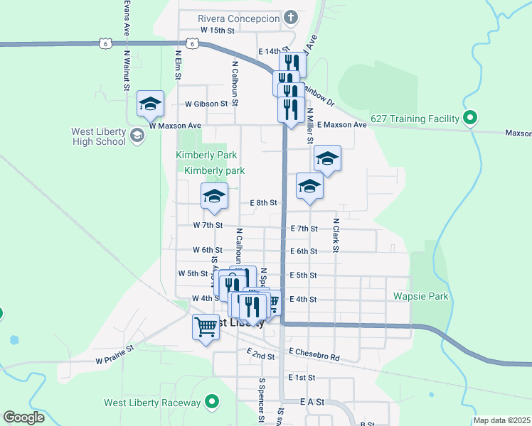 map of restaurants, bars, coffee shops, grocery stores, and more near 203 East 7th Street in West Liberty