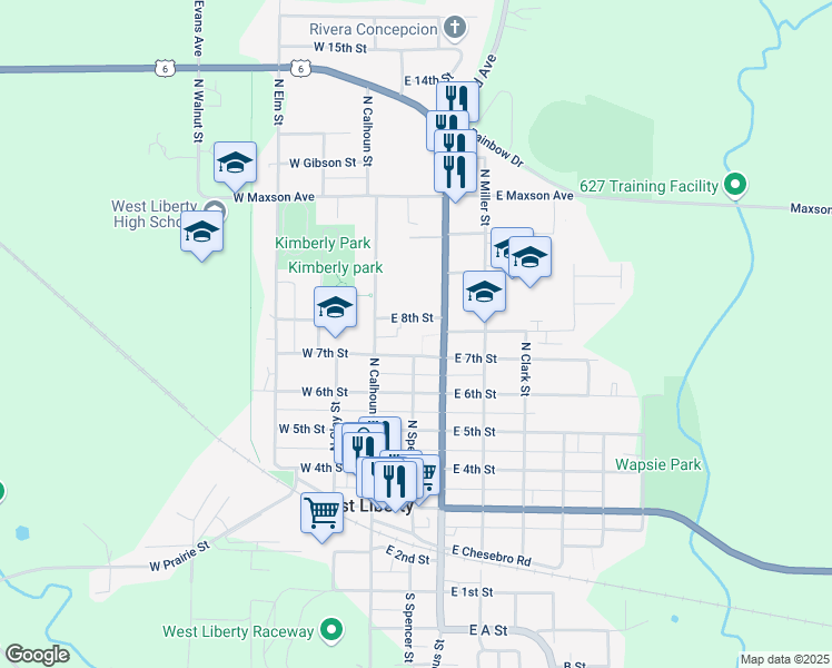 map of restaurants, bars, coffee shops, grocery stores, and more near 203 East 7th Street in West Liberty