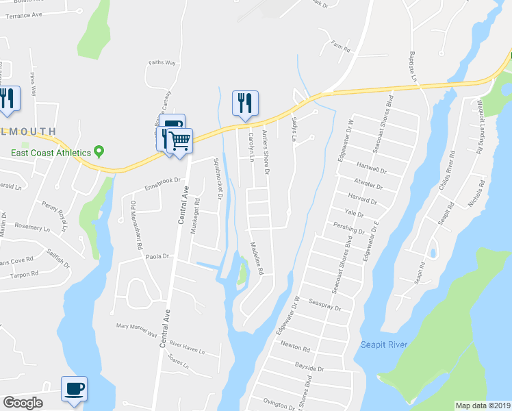 map of restaurants, bars, coffee shops, grocery stores, and more near 12 Jonathan Lane in Falmouth