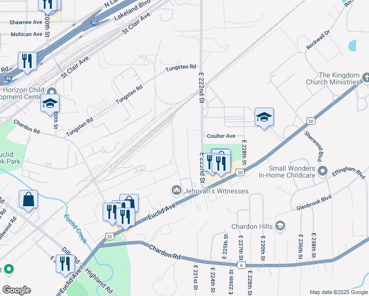 map of restaurants, bars, coffee shops, grocery stores, and more near 1448 East 221st Street in Euclid