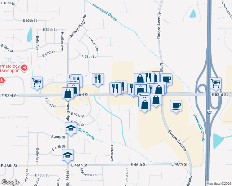map of restaurants, bars, coffee shops, grocery stores, and more near 2714 East 53rd Street in Davenport