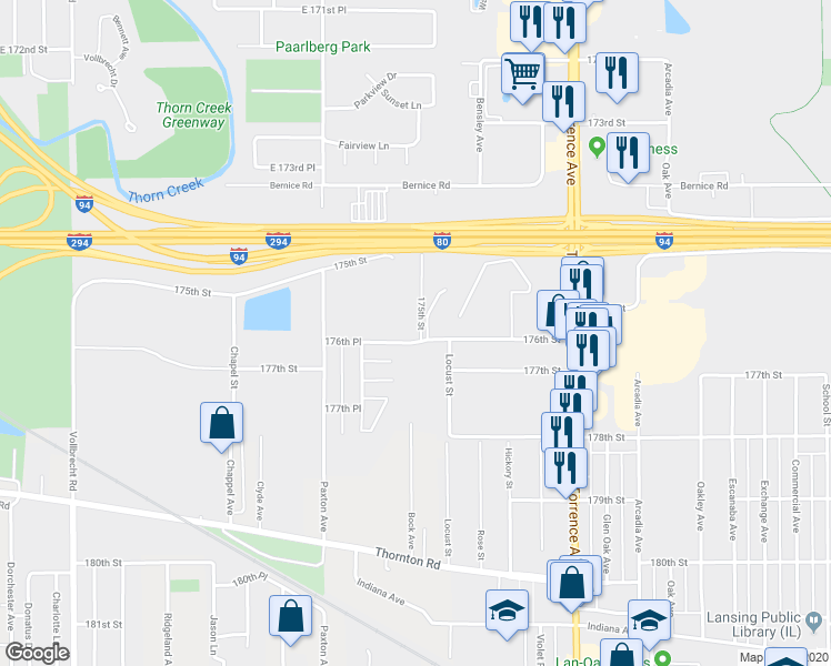 map of restaurants, bars, coffee shops, grocery stores, and more near 2149 175th Street in Lansing