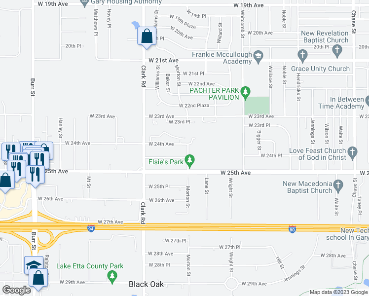 map of restaurants, bars, coffee shops, grocery stores, and more near 4303 West 24th Avenue in Gary