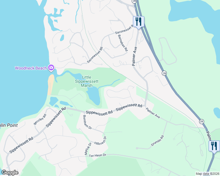map of restaurants, bars, coffee shops, grocery stores, and more near 64 Loop Road in Falmouth
