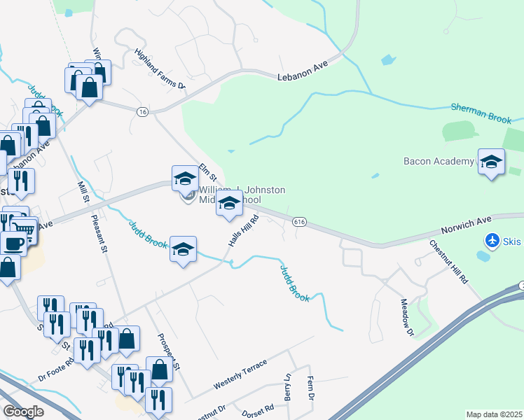 map of restaurants, bars, coffee shops, grocery stores, and more near 224-288 Norwich-Colchester Turnpike in Colchester