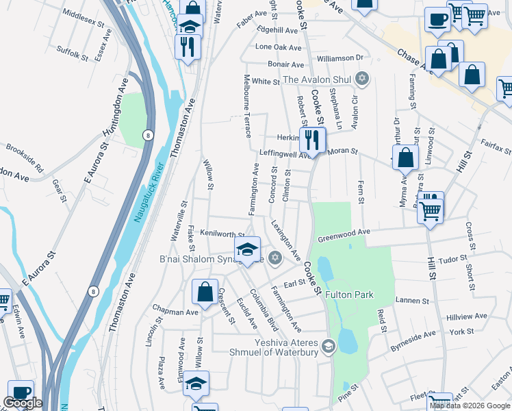 map of restaurants, bars, coffee shops, grocery stores, and more near 409 Farmington Avenue in Waterbury