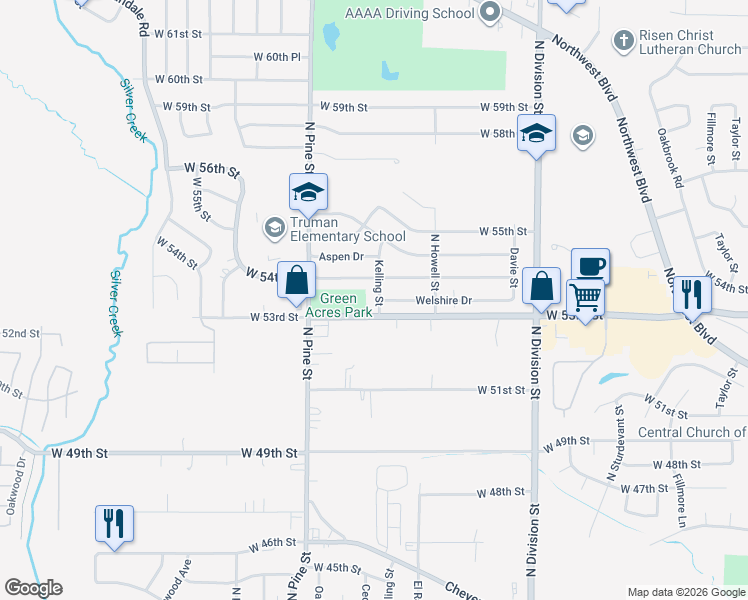 map of restaurants, bars, coffee shops, grocery stores, and more near 5318 Kelling Street in Davenport