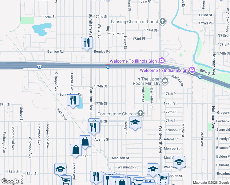 map of restaurants, bars, coffee shops, grocery stores, and more near 17622 Community Street in Lansing