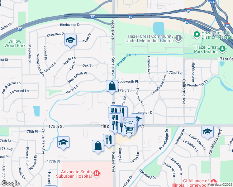 map of restaurants, bars, coffee shops, grocery stores, and more near 17303 Kedzie Avenue in Hazel Crest